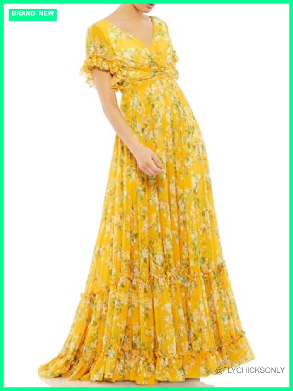 Floral Chiffon Maxi Dress Flounce Sleeve Formal Evening Gown